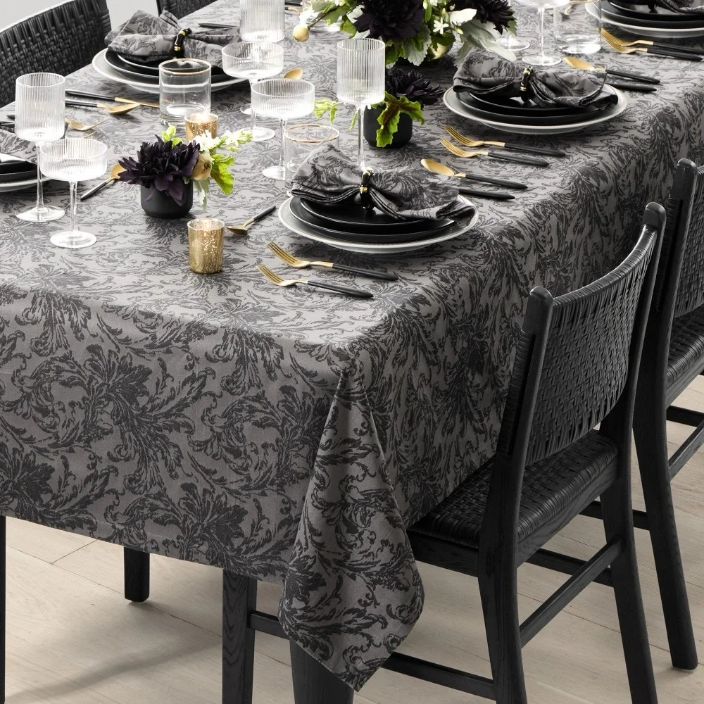 Williams Sonoma Damask Black Tablecloth Jacquard Cotton NWT 70